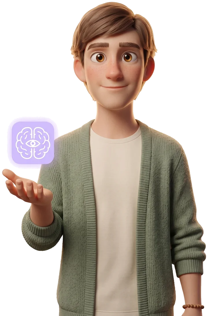 Gabriele, nella versione illustrata che trovi dentro l'app, con il logo di AETON sul palmo della mano